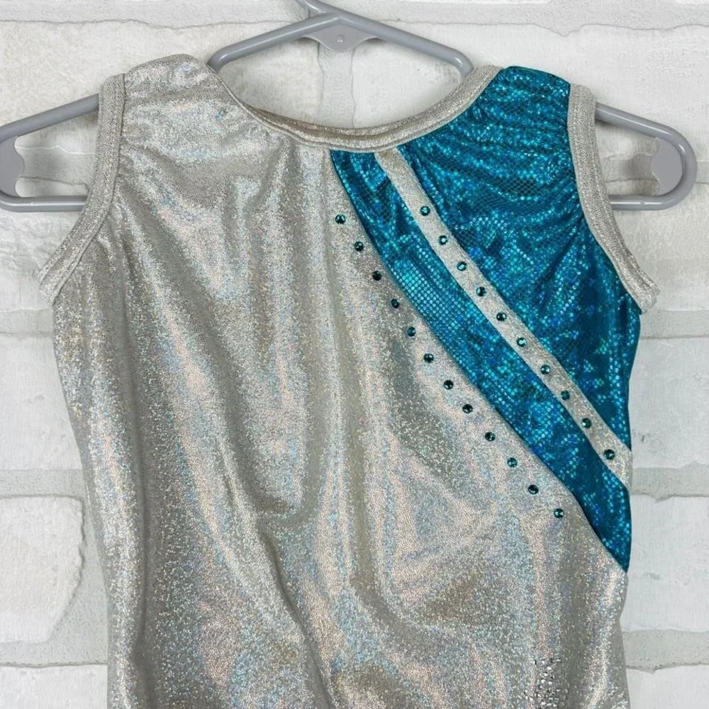 Silver Teal Holographic Rhinestone Sleeveless Gymnastics Leotard Kids